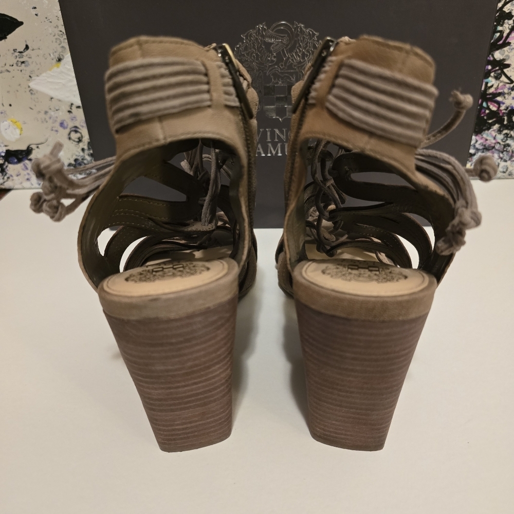VINCE CAMUTO Tan Chunky Heel Laceup Sandals Tassles Detail Zipup Sides Size 11 - Picture 11 of 17